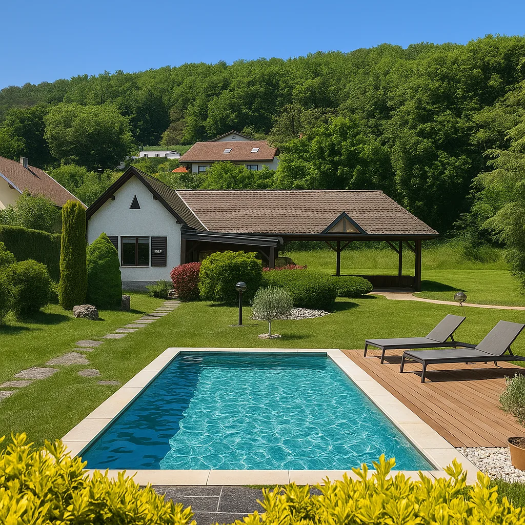 Projection IA du jardin avec une piscine qui n’existe pas actuellement